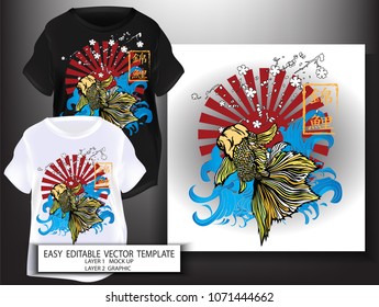 T shirt design Japanese style.japan Gold Fish with Red Sun white sakura and blue water background.Mock up Black T shirt and Graphic printing.vector.illustration.Japanese Translation: Gold Fish