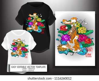 T shirt design Japanese style.japan Gold Koi Fish with lotus flower and blue water background.Mock up Black T shirt and Graphic printing.vector.illustration.Japanese Translation: Koi Fish