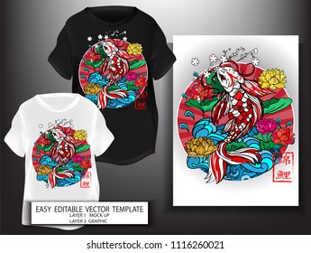 T shirt design Japanese style.japan red Koi Fish with Red Sun  lotus flower and blue water background.Mock up Black T shirt and Graphic printing.vector.illustration.Japanese Translation: Koi Fish