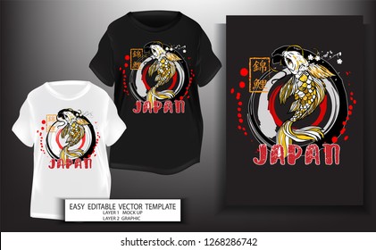 T shirt design Japanese style.japan Koi Fish with sakura,japan brush style art background.Mock up Black t shirt and Graphic printing.vector.illustration.Japanese Translation: Koi Fish