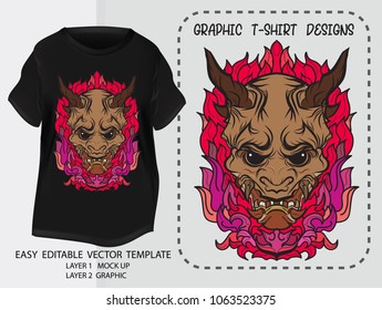 T shirt design Japanese style.kabuki demon mark with Fire background.Mock up ?Black T shirt and Graphic printing.vector.illustration