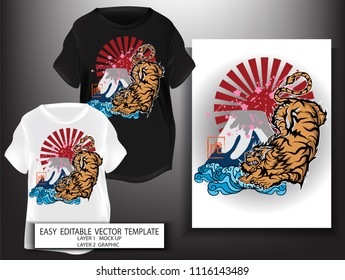 T shirt design Japanese style.King Yellow Tiger with sakura fuji mountain and sun background.Mock up Black T shirt and Graphic printing.vector.illustration.japanese Translation: Tiger