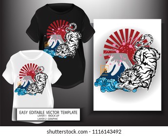T shirt design Japanese style.White Tiger with sakura fuji mountain and sun background.Mock up Black T shirt and Graphic printing.vector.illustration.japanese Translation: Tiger