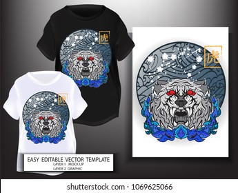 T shirt design Japanese style.Yellow and White Tiger with sakura and sun background.Mock up Black T shirt and Graphic printing.vector.illustration.japanese Translation: Tiger