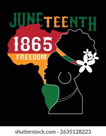 T shirt design of Juneteenth 1865 Freedom silhouette of a Black woman with flowers in her hair, against the outline of the African continent