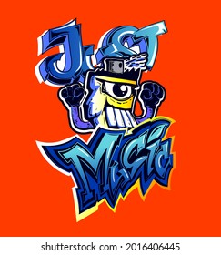 T shirt design Just music with dude cartoon character. Lettering graffiti composition. Teenagers words composition
