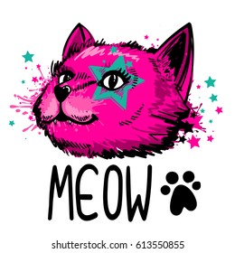 t shirt design with kitty face with stars drawn in blue and pink colors. Text Meow. Creative fashion style for children, girl, teenager. Vector pink cat had