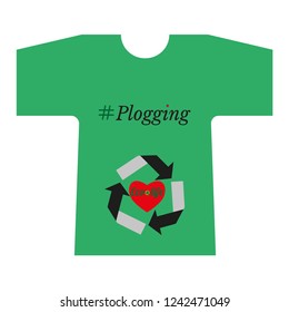 T- shirt with design logo of plogging. Concept of plogging. Heart - healthy lifestyle and the symbol of recycling is ecology care. Vector illustration.