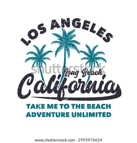t shirt design los angeles long beach california take me to the beach adventure unlimited with silhouette palm tree flat illustration