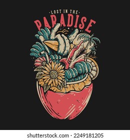 T Shirt Design Lost In The Paradise With Beach Mood On The Coconut Juice Vintage Illustration 