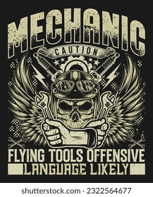 T shirt design mechanic caution flying tools and offensive language likely