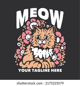 t shirt design meow with cat put out the tongue and grey background vintage illustration