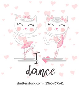 T shirt design. Modern fashion style on white background with heart. I love to dance. A pair of cute white ballerina cats in pink ballet tutu and pointe