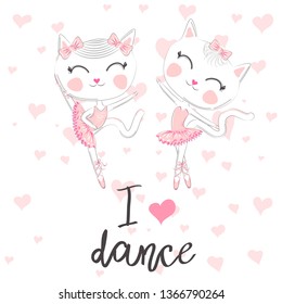 T shirt design. Modern fashion style on white background with heart. I love to dance. A pair of cute white ballerina cats in pink ballet tutu and pointe