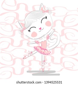 T shirt design. Modern fashion style on white background with heart, original text I love dance. Cute ballerina cat dancing ballet in pink tutu.