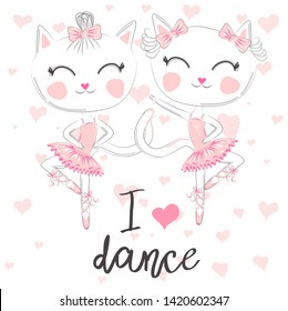T shirt design. Modern fashion style on white background with heart. I love to dance. A pair of cute white ballerina cats in pink ballet tutu and pointe