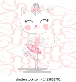T shirt design. Modern fashion style on white background with heart, original text I love dance. Cute ballerina cat dancing ballet in pink tutu.