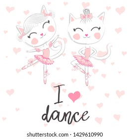 T shirt design. Modern fashion style on white background with heart. I love to dance. A pair of cute white ballerina cats in pink ballet tutu and pointe
