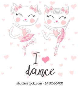 T shirt design. Modern fashion style on white background with heart. I love to dance. A pair of cute white ballerina cats in pink ballet tutu and pointe