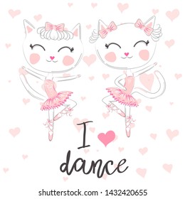 T shirt design. Modern fashion style on white background with heart. I love to dance. A pair of cute white ballerina cats in pink ballet tutu and pointe