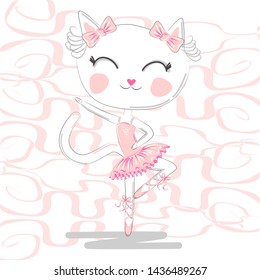T shirt design. Modern fashion style on white background with heart, original text I love dance. Cute ballerina cat dancing ballet in pink tutu.