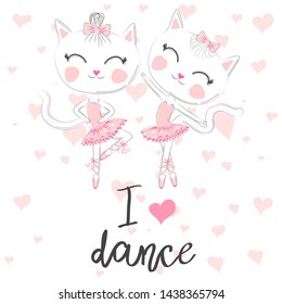 T shirt design. Modern fashion style on white background with heart. I love to dance. A pair of cute white ballerina cats in pink ballet tutu and pointe
