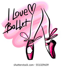 T shirt design. Modern fashion style on white background with heart, original text I love ballet. Sketch silhouette hand drawn pointes shoes, bow in pink colors.