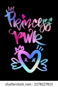 T shirt design t with motivation phrase " Princess power" and sign heart with wings. Cute colorful Lettering composition on black background. Wording poster. Hand written calligraphic illustration.