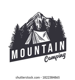 t shirt design mountain camping with camping tent and mountain scenery vintage illustration