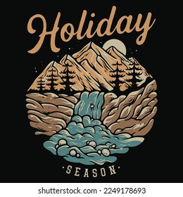 T Shirt Design With Mountain Scenery Vintage Illustration