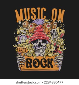 T Shirt Design Music On Let's Rock With Skull Head And Music Doodles Vintage Illustration