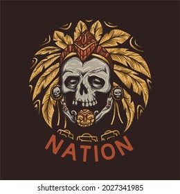 t shirt design nation with skull of head chief and brown background vintage illustration