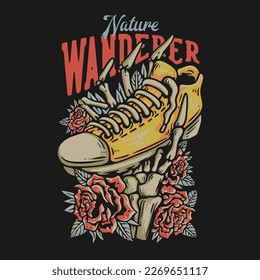 T Shirt Design Nature Wanderer With Skeleton Hand Holding A Shoe Vintage Illustration