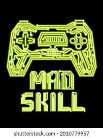 T shirt design with neon gamepad and text composition drawing in micro circuits store. Technology gamer poster