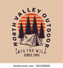 t shirt design north valley outdoor into the wild since 1985 flat illustration