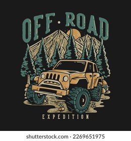 T Shirt Design Off Road Expedition With Off Road Car In The Middle Of Mountain Vintage Illustration