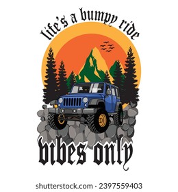 T shirt design off road expedition with off road car in the middle of mountain vintage illustration