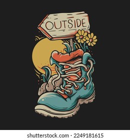 T Shirt Design Outside Street Sign With Hiking Shoes Vintage Illustration