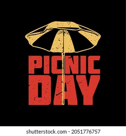 t shirt design picnic day with umbrella and black background vintage illustration