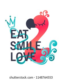 T shirt design with pink flamingo, happy emotion and smile face, motivation lettering composition with words Eat Smile Love, blue tape and decorative crowns sign, whorl ornament elegant element