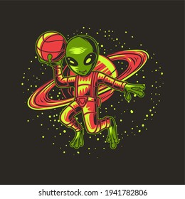 t shirt design with planet backgrounds aliens illustration