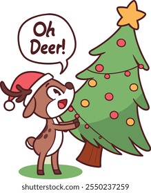 T Shirt Design, A playful Oh Deer! with reindeer horns, a Santa hat, and a tree backdrop