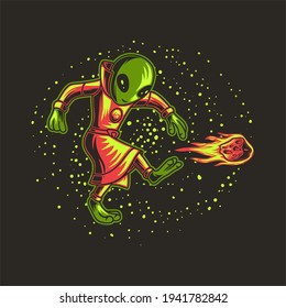 t shirt design playing ball with a comet ball kicking position aliens illustration