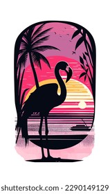 T shirt design print flamingo sunset vector illustration 