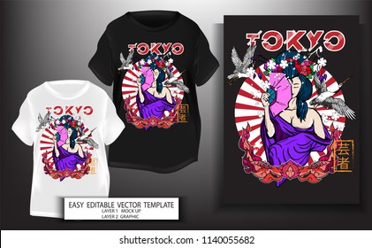 T shirt design.for print Japanese style Geisha with blues sea and tokyo text background. Mock up Black and white T shirt and Graphic printing. Vector illustration. Japanese Translation: Geisha