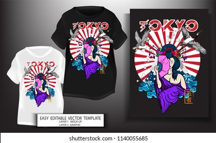 T shirt design.for print Japanese style Geisha with blues sea and tokyo text background. Mock up Black and white T shirt and Graphic printing. Vector illustration. Japanese Translation: Geisha