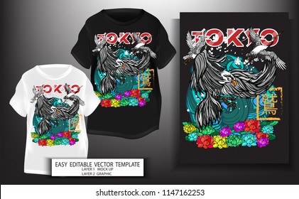 T shirt design.for print Japanese style.Falcon with tokyo text design background. Mock up Black and white T shirt and Graphic printing. Vector illustration. Japanese Translation: Folcon