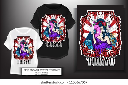 T shirt design.for print Japanese style Geisha with blues sea and tokyo text background. Mock up Black and white T shirt and Graphic printing. Vector illustration. Japanese Translation: Geisha