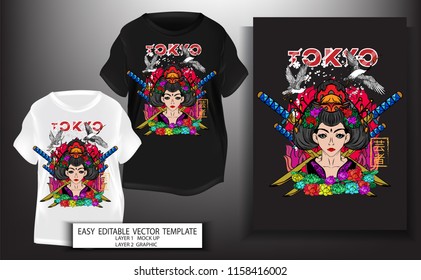T shirt design.for print Japanese style Geisha with blues sea and tokyo text background. Mock up Black and white T shirt and Graphic printing. Vector illustration. Japanese Translation: Geisha