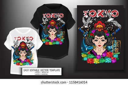 T shirt design.for print Japanese style Geisha with blues sea and tokyo text background. Mock up Black and white T shirt and Graphic printing. Vector illustration. Japanese Translation: Geisha